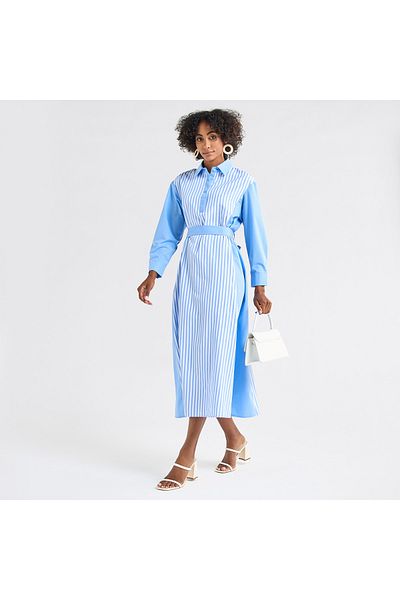 FAV Striped Midi Shirt Dress with Long Sleeves and Tie-Up Belt