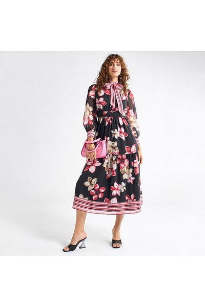 FAV All-Over Floral Print Shirt Dress with Tie-Ups and Long Sleeves