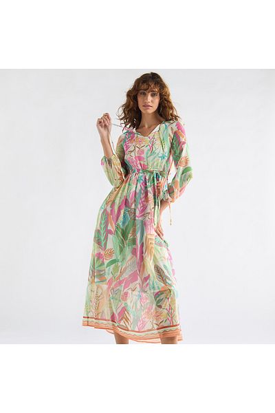 FAV All-Over Floral Print Midi Dress with Tie-Up Neck and 3/4 Sleeves