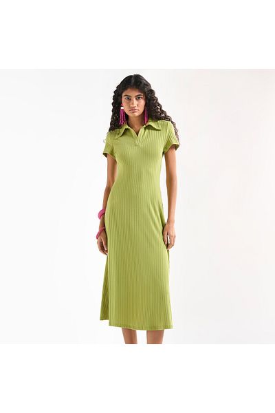 FAV Ribbed Midi T-shirt Dress with Collar and Short Sleeves