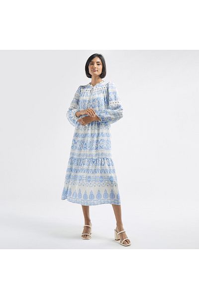FAV All-Over Print Tiered Dress with Ruffled Collar and Tie-Ups