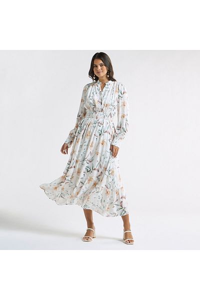 FAV All-Over Floral Print A-line Dress with Seersucker Detail and Mandarin Collar