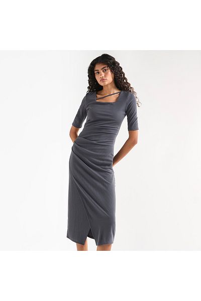 FAV Textured Bodycon Dress with Square Neck and Tulip Hemline