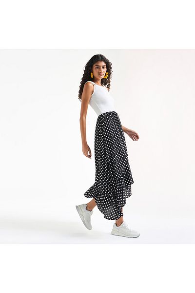 FAV Polka Dot Print Sleeveless Dress with Round Neck and Asymmetrical Hem