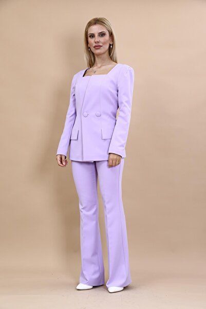 ÖNDER ÖZSOY Kare Yaka Ceket & İspanyol Paça Pantolon-Menekşe