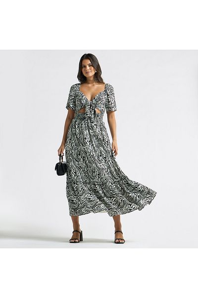 FAV All-Over Animal Print Tiered Dress with Cutout Detail and Tie-Ups