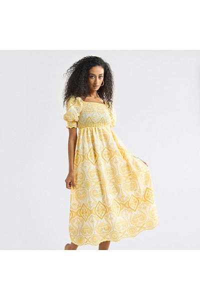 FAV Embroidered A-Line Midi Dress with Shirred Detail and Short Sleeves