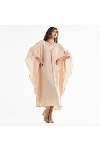 FAV Solid Midi Kaftan Dress with Long Sleeves and Lace Detail