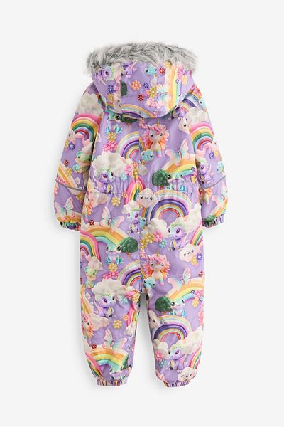 Next Baby Waterproof Faux Fur Decorated Printed Purple Unicorn Snow Jumpsuit