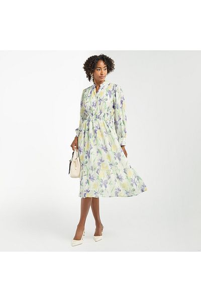 FAV All-Over Floral Print Midi Shirt Dress with Shirred Detail and Long Sleeves