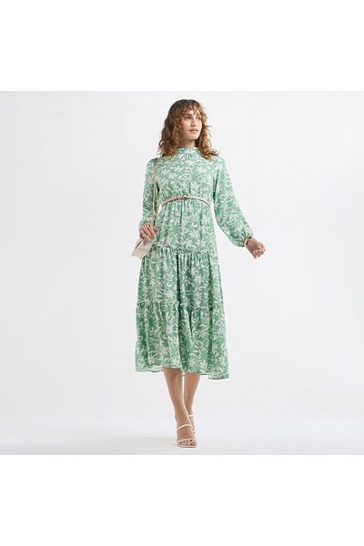 FAV Floral Print Midi Dress with High Neck and Long Sleeves