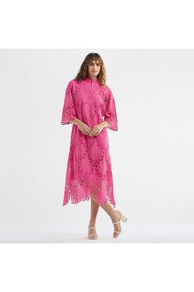 FAV Lace Detail A-Line Dress with High Neck and Short Sleeves