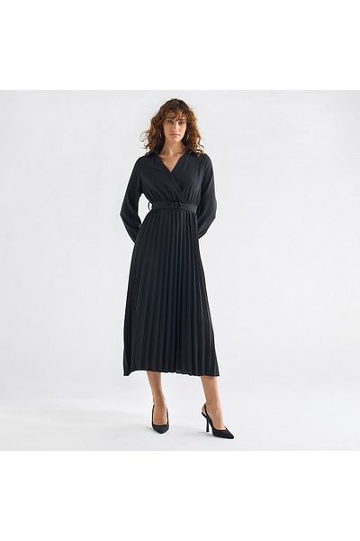 FAV Pleated Shirt Dress with Belt and Long Sleeves