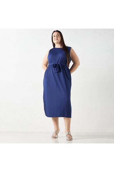 Ulla Popken Plus Size Ulla Popken Pleated Sleeveless Midi Dress