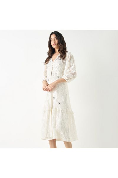 Iconic All-Over Embellished V-neck Dress with Volume Sleeves
