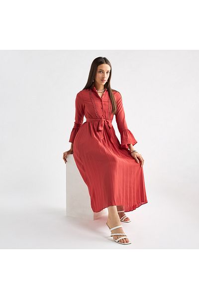 FAV Pleated Mandarin Collar Dress with Bell Sleeves and Tie-Up Belt