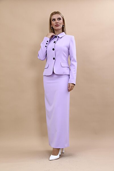ÖNDER ÖZSOY Shirt Collar Classic Jacket & Long Straight Tight Skirt-Violet