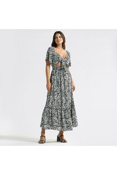 FAV All-Over Animal Print Tiered Dress with Cutout Detail and Tie-Ups