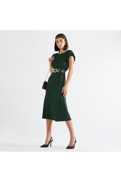 FAV Textured Midi Dress with Flutter Sleeves and Tie-Up Belt