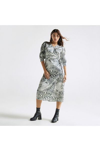 FAV All-Over Animal Print Wrap Dress with V-neck and Shirred Detail