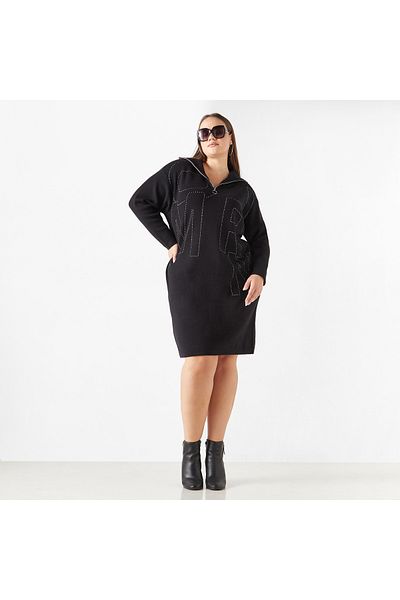 Ulla Popken Plus Size Ulla Popken Embellished Dress with Collar and Zip Detail