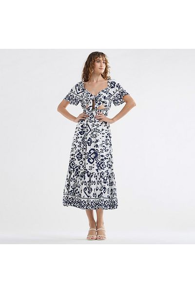 FAV All-Over Print Midi Dress with Sweetheart Neck and Cutout Detail