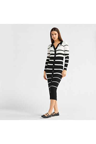 FAV Striped Collared Shirt Dress with Long Sleeves