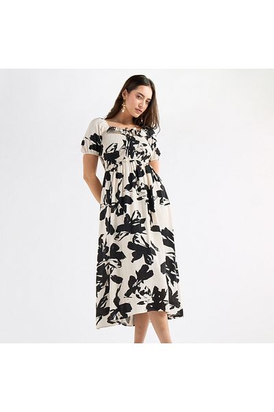 FAV All-Over Print A-line Dress with Shirred Detail and Tie-Ups