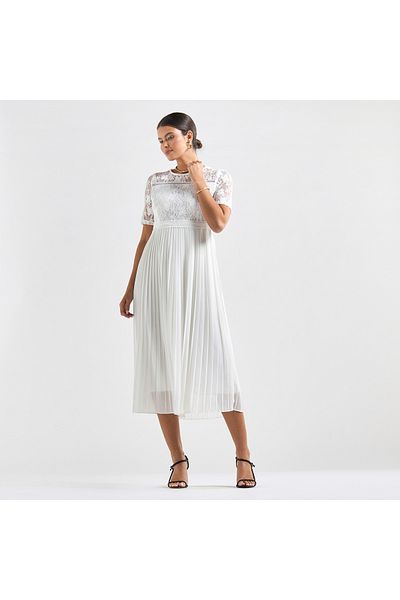 FAV Pleated A-line Midi Dress with Round Neck and Lace Detail