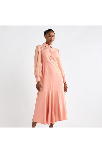 FAV Solid A-line Shirt Dress with Long Sleeves