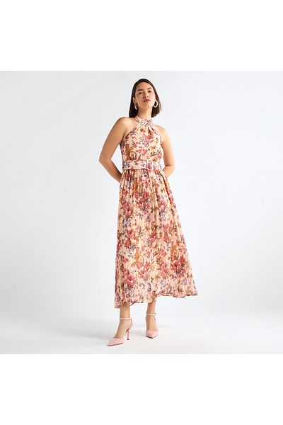 FAV Floral Print Halter Neck Dress with Belt