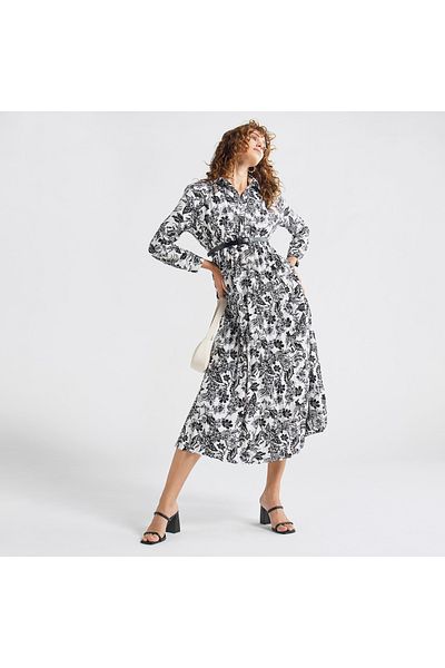 FAV All-Over Floral Print Shirt Dress with Long Sleeves and Pleat Detail