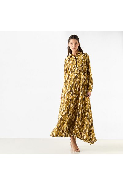 Iconic All-Over Print A-line Shirt Dress with Long Sleeves