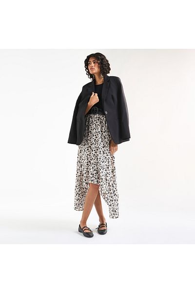 FAV Floral Print Sleeveless Dress with Round Neck and Asymmetrical Hem