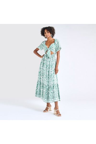 FAV Floral Print Maxi Dress with Sweetheart Neck and Cutout Detail