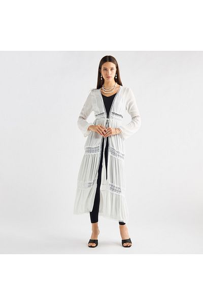 FAV Lace Detail Longline Tiered Shrug with Tie-Ups and Long Sleeves