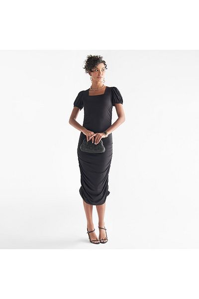 FAV Ruched Detail Midi Dress with Square Neck and Puff Sleeves