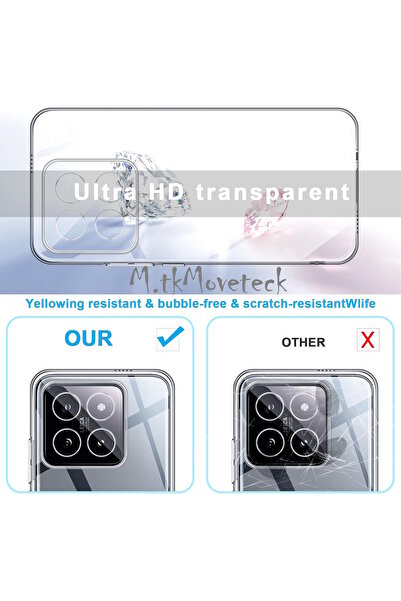 m.tk moveteck Xiaomi Mi 14T Pro Kılıf Kamera Çıkıntılı Korumalı Yumuşak Şeffaf Silikon + 9H Ekran Koruyucu Cam Set