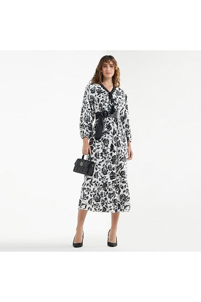 FAV Floral Print A-line Midi Dress with V-neck and Lace Detail