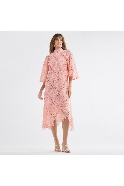 FAV Lace Detail A-Line Dress with High Neck and Short Sleeves