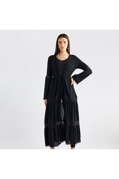 FAV Lace Detail Longline Tiered Shrug with Tie-Ups and Long Sleeves