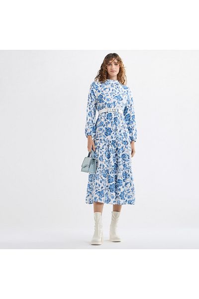FAV Floral Print Midi Dress with High Neck and Long Sleeves