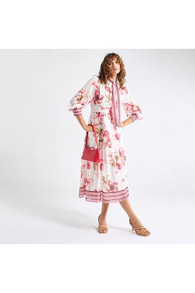 FAV All-Over Floral Print Shirt Dress with Tie-Ups and Long Sleeves