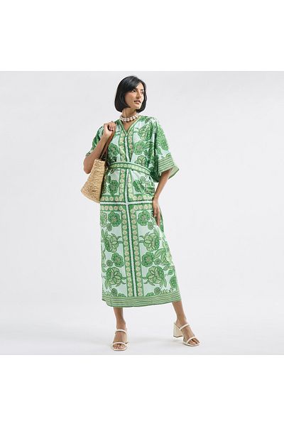FAV All-Over Floral Print V-neck Kaftan Dress with Tie-Up Belt and Slit Detail