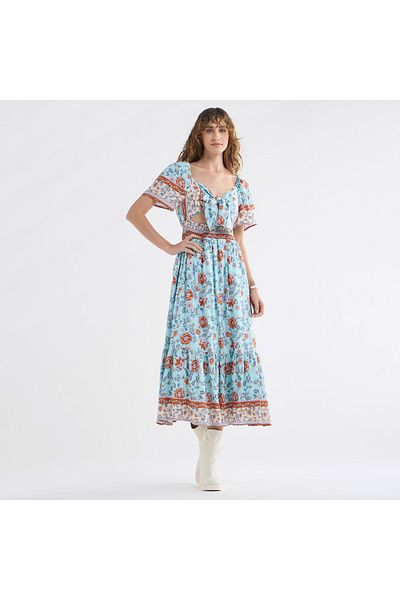FAV Floral Print Midi Dress with Sweetheart Neck and Cutout Detail