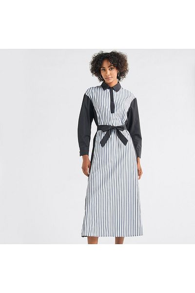 FAV Striped Midi Shirt Dress with Long Sleeves and Tie-Up Belt