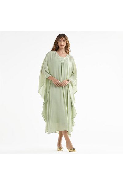 FAV Solid Midi Kaftan Dress with Long Sleeves and Lace Detail