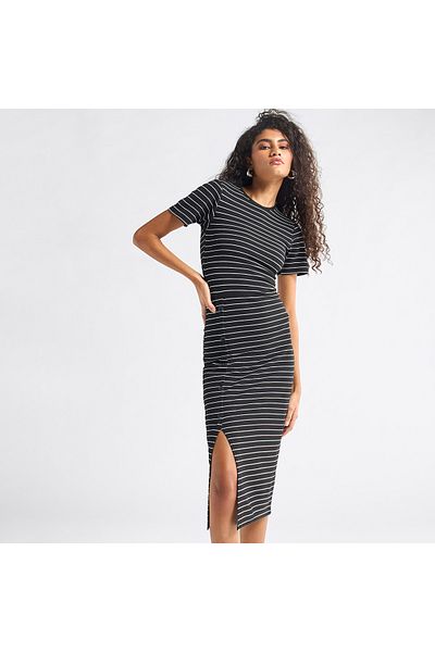 FAV Striped Midi Dress with Round Neck and Slit Detail