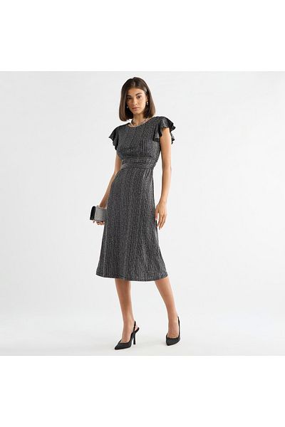 FAV Textured Midi Dress with Flutter Sleeves and Tie-Up Belt