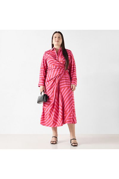Ulla Popken Plus Size Ulla Popken Striped Shirt Dress with Long Sleeves and Drape Detail